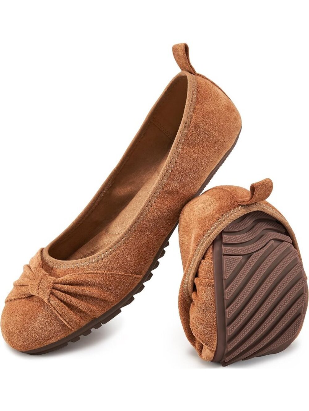 Women's Brown Ballet Flats Cushioned Foldable Slip On Work Comfort Dressy Shoes